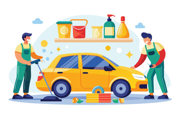 Workers providing a car wash service with cleaning tools and products at a detailed flat illustration showcasing their teamwork and efficiency