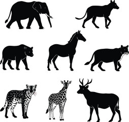A vector set of wild animals silhouettes, including horse, dog, cow, goat, cat, deer, elephant, tiger, and wolf, as black icons for nature illustration