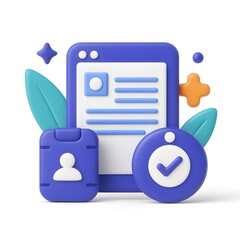 3D illustration of a resume profile with ID badge and checkmark icon, symbolizing verified identity