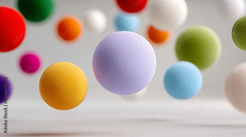 Poster bunch of colorful balls are floating in the air. the colors are vibrant and the balls are of differe