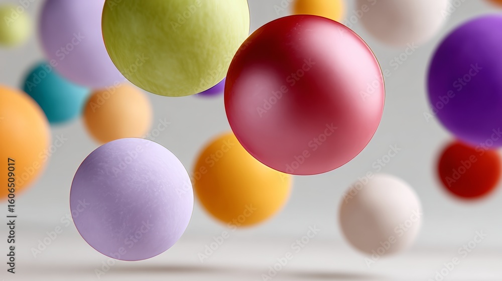 Poster bunch of colorful balls are floating in the air. the colors are vibrant and the balls are of differe