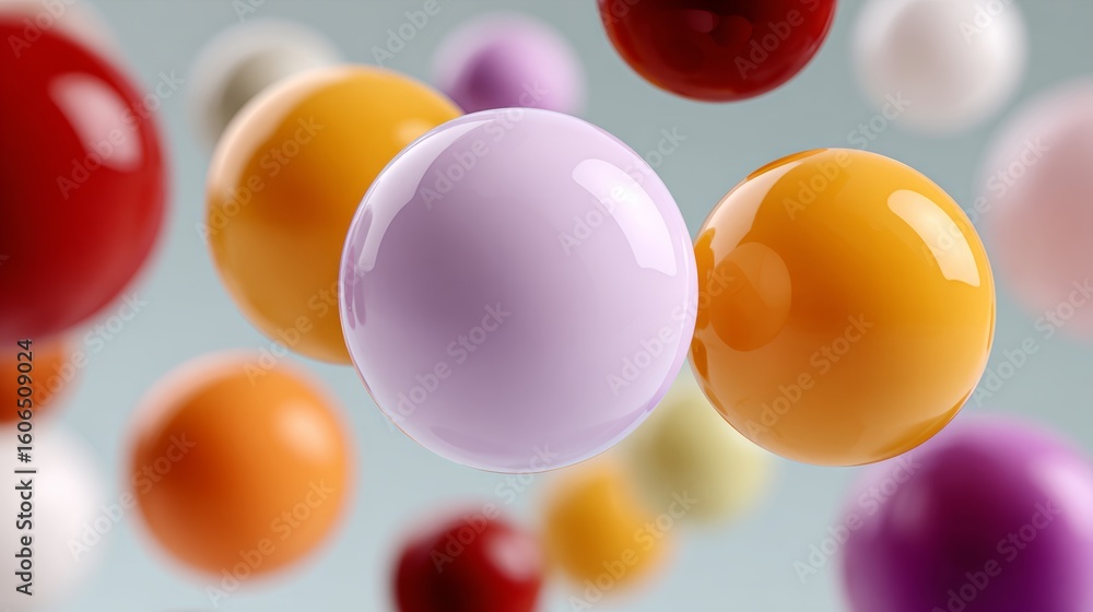 Poster bunch of colorful balls are floating in the air. the colors are vibrant and the balls are of differe
