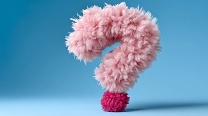 Pink fuzzy question mark made of yarn. The image has a playful and whimsical mood, as it is not a typical question mark