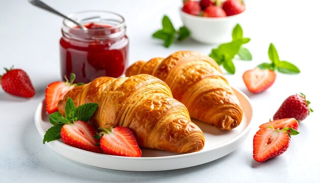 Freshly baked croissants with strawberries and jam - Powered by Adobe