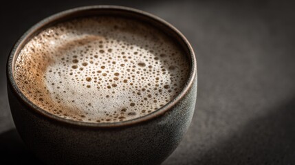 Perfect Brew: A close-up shot of a ceramic cup filled with rich, foamy cappuccino, sitting gracefully on a dark surface, embodying the warmth and comfort of a perfect coffee moment.