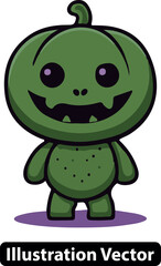 Cute green pumpkin monster character smiling. Adorable Halloween mascot vector illustration.