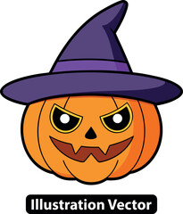 Evil grinning jack-o-lantern pumpkin character with a pointy purple witch hat illustration