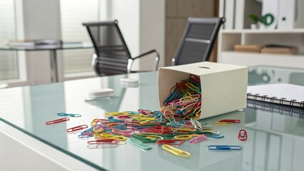 Paperclips Spilled from Box on Glass Office Desk