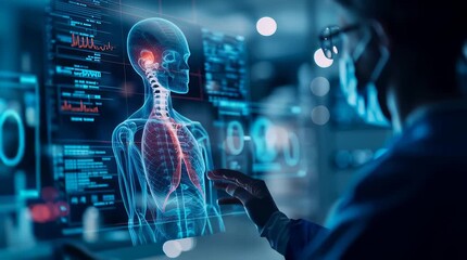 A doctor carefully examines a virtual x-ray projection with focused attention. The integration of advanced technology in medical diagnostics. Generative AI. - Powered by Adobe