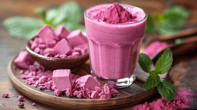 Pink smoothie in glass, with powder and chunks, mint garnish - Powered by Adobe