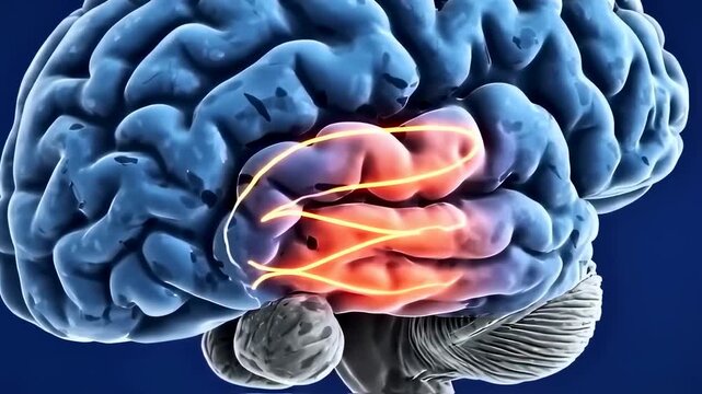 Animation of active brain region, highlighting neural pathways and cognitive function