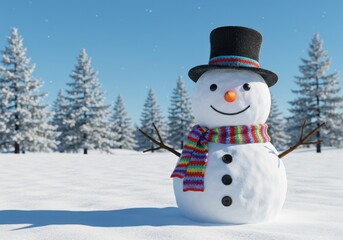 Obraz premium Cheerful snowman wearing a top hat and scarf in a snowy winter forest
