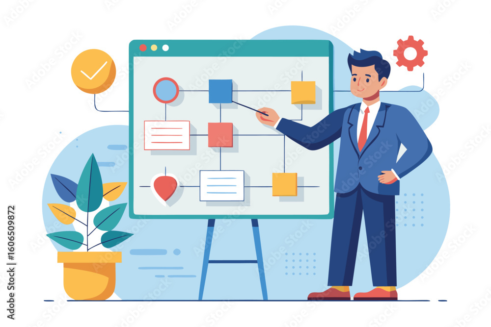 Poster business leader conducting a presentation using a flowchart in a modern office setting during daytim