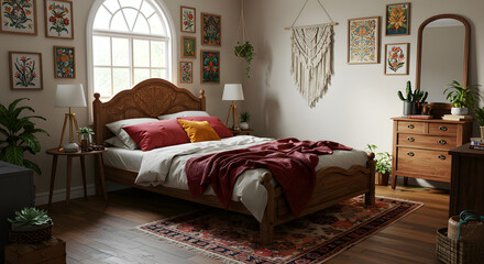 Warm and inviting bohemian bedroom interior design with a gallery wall, wooden furniture, and abundant natural light.
