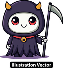 Adorable kawaii grim reaper character with a scythe. A cute chibi demon mascot vector illustration.