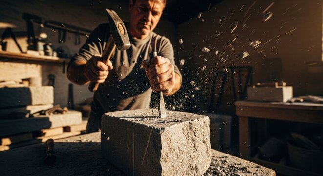 Craftsman meticulously chisels stone