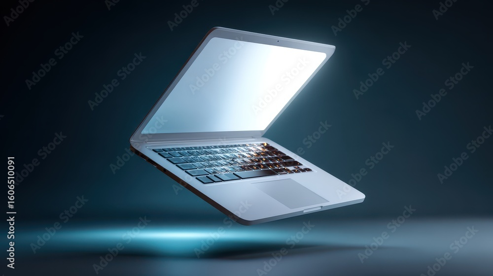 Poster floating laptop illuminated by soft light against a dark background creating a modern tech atmospher