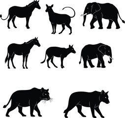 A diverse vector collection of horse silhouettes and other farm and wild animals