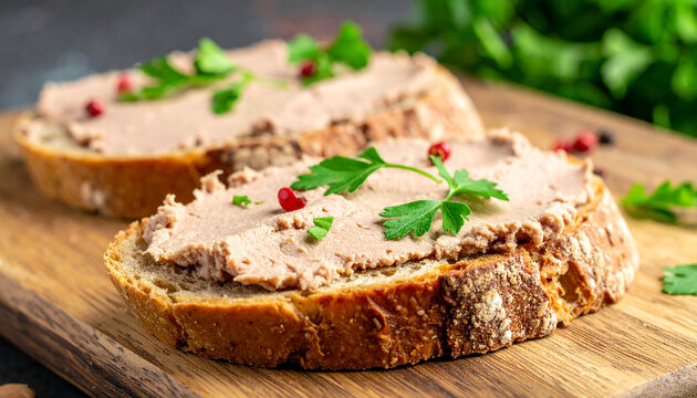 Crusty bread with smooth liver pate and fresh green herbs. Delicious lunch bite. Tasty snack.