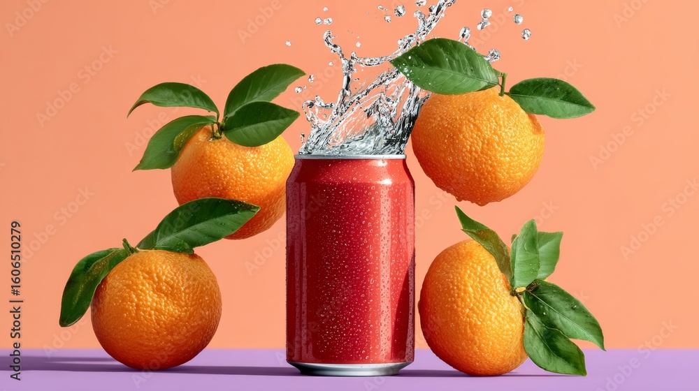 Aufkleber can of soda is surrounded by oranges and leaves. the oranges are in various stages of ripeness, with