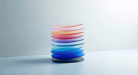 A stack of colorful, translucent glass discs creating a gradient effect with soft studio lighting