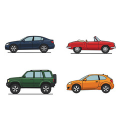 Set of Four Different Car Types in Various Colors Isolated on White