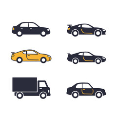 Collection of Car and Truck Icons in Black and Yellow on White