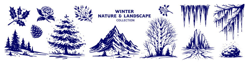 Winter Nature Collection Engraved Hand Drawn Natural Illustration Vector Isolated by AZ for Books, Arts, Design and Decoration Graphic Asset