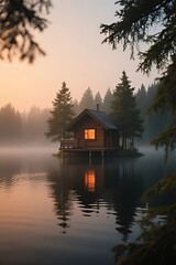 Fototapeta premium A wooden cabin floating on stilts at the center of a misty forest lake, its window glowing with soft orange light