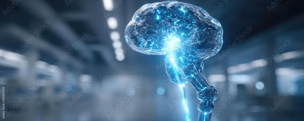 Poster bladder condition and urinary flow concept. a futuristic robot arm with a glowing brain emblem.