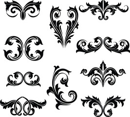 Vintage floral vector set with ornate swirls, leaves, and decorative elements perfect for design patterns or tattoo art