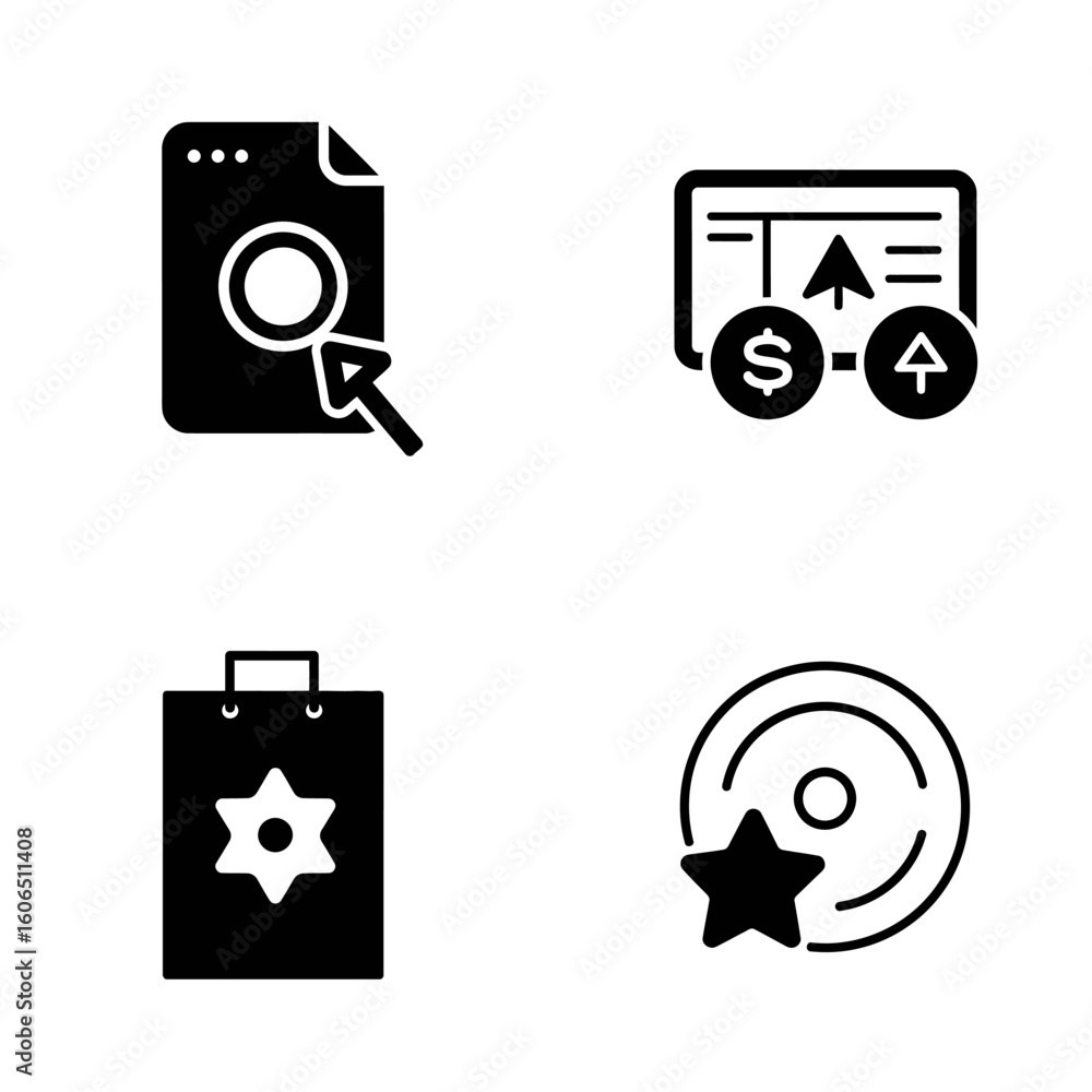 Poster collection of four black glyph icons representing different concepts and objects