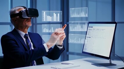 Mature businessman analyzing financial data using VR headset in the modern office - Powered by Adobe