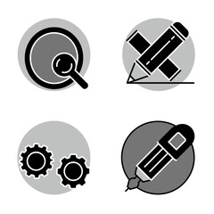 Set of four black and white icons representing search writing settings and design