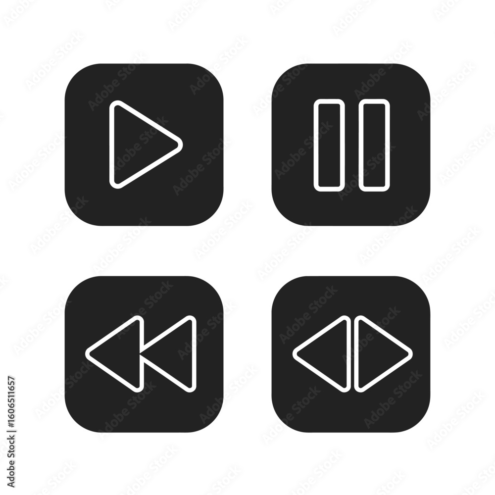 Poster black and white media player control icons on rounded square buttons