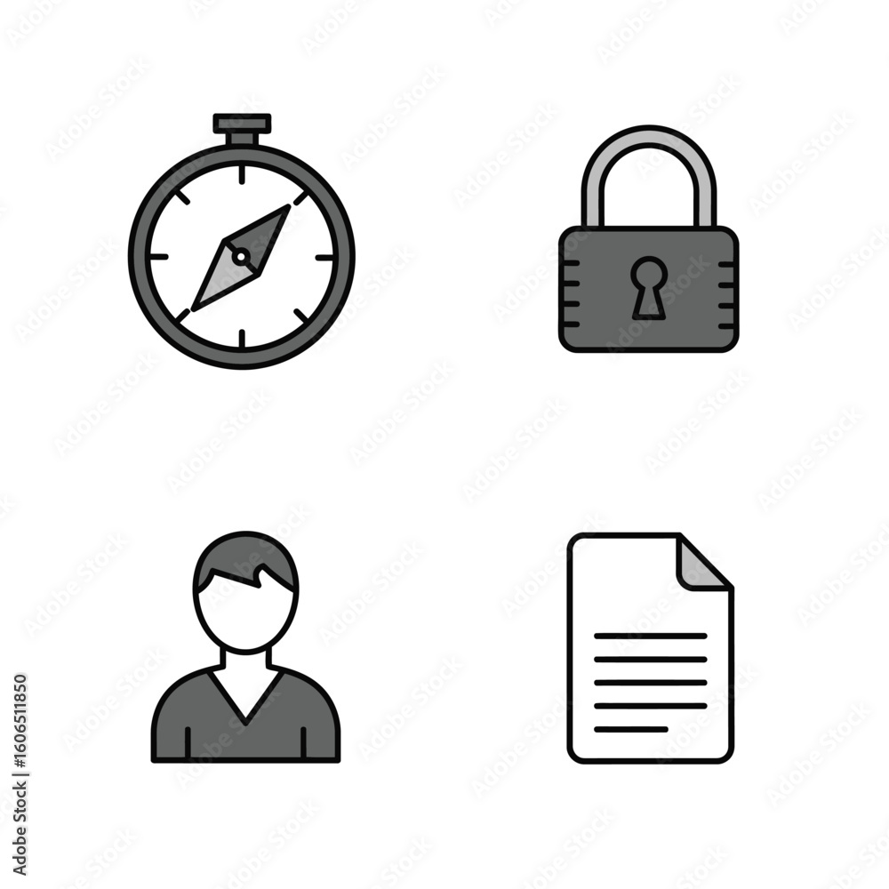 Aufkleber set of four isolated vector icons representing navigation security user and document
