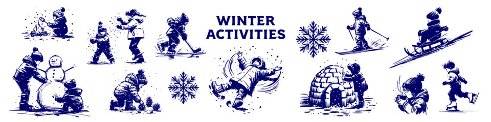Winter Activities Collection Engraved Hand Drawn Natural Illustration Vector Isolated by AZ for Books, Arts, Design and Decoration Graphic Asset