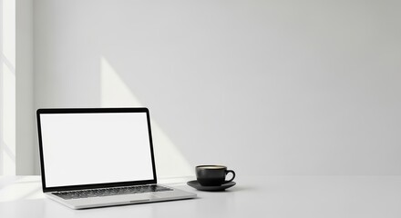 Minimalist Workspace with Laptop and Cup in Modern Studio Setting