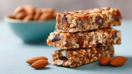 Stack of three granola bars with visible nuts and oats, accompanied by whole almonds on a light surface, with a blurred bowl of almonds in the background.