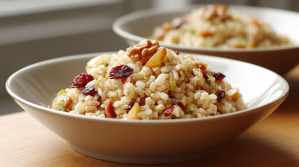 A close-up of a bowl filled with rice mixed with nuts and dried cranberries, placed on a wooden surface with a blurred second bowl in the background.