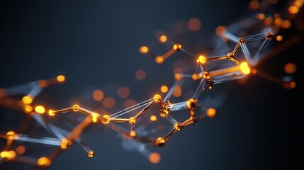 A close up abstract view of a network with glowing orange nodes and connecting lines on dark background