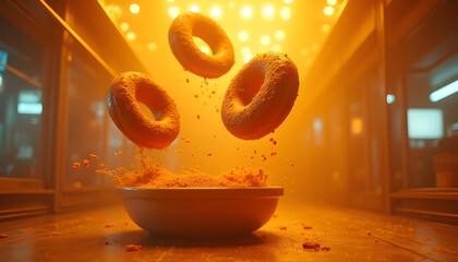 Action shot of donuts mid-air from a malfunctioning robot vendor in Harajuku.