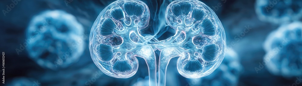 Poster bladder condition and urinary flow concept. detailed visualization of human kidneys with cellular st
