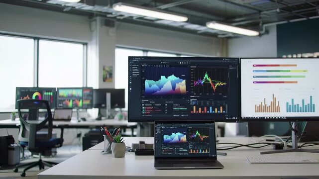A modern office desk and monitors displaying financial data and charts