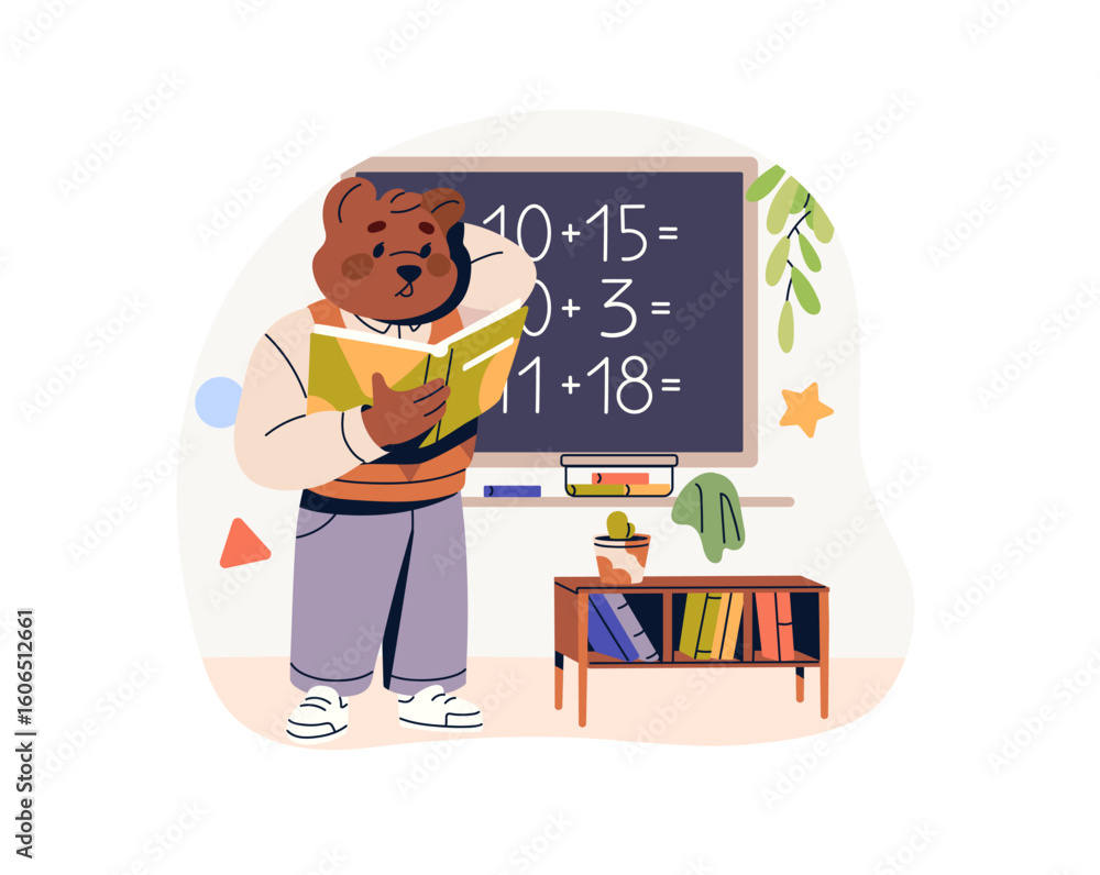 Aufkleber thinking bear student solves maths problems at the blackboard. thoughtful anthropomorphic animal wit