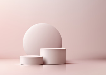 minimalist product display with pink podiums and sphere backdrop for modern branding mockup showroom scene isolated on soft background design