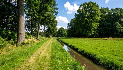 Fototapeta premium Lush green pathway through trees and a meadow