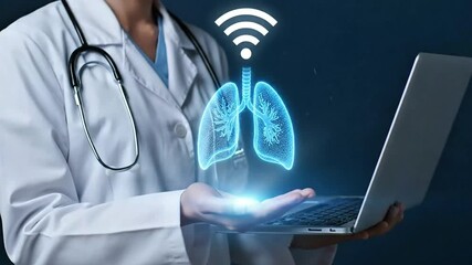 A medical professional wearing a white lab coat and stethoscope holds a laptop showcasing the integration of technology in healthcare and patient care - Powered by Adobe