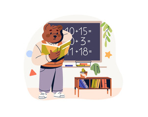 Thinking bear student solves maths problems at the blackboard. Thoughtful anthropomorphic animal with book counts figures in mathematics class. Flat isolated vector illustration on white background