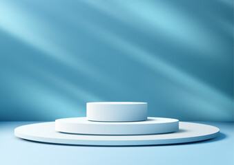 product display mockup with white cylinder podiums on circular base in cool blue background with diagonal light streaks modern minimal showroom concept for branding presentation